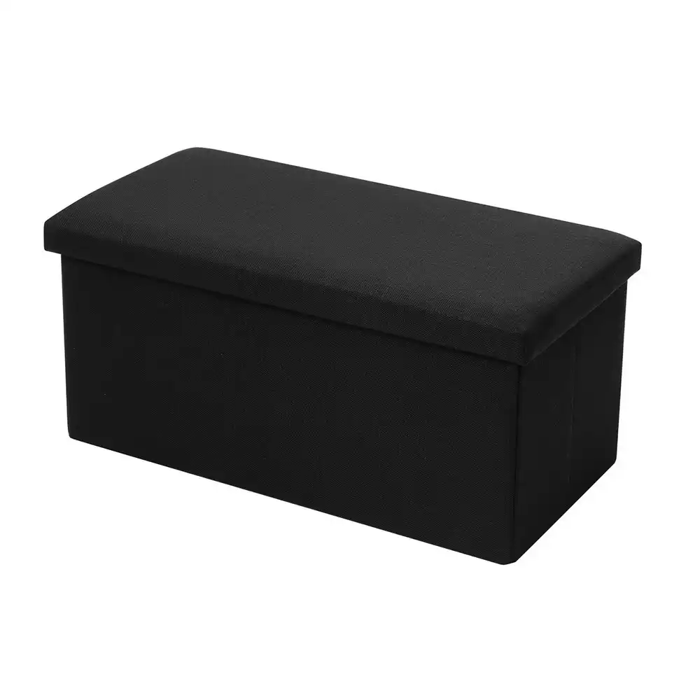 Boxsweden 76x36cm Ottoman Storage Cube Faux Linen Home Organiser/Stool Black