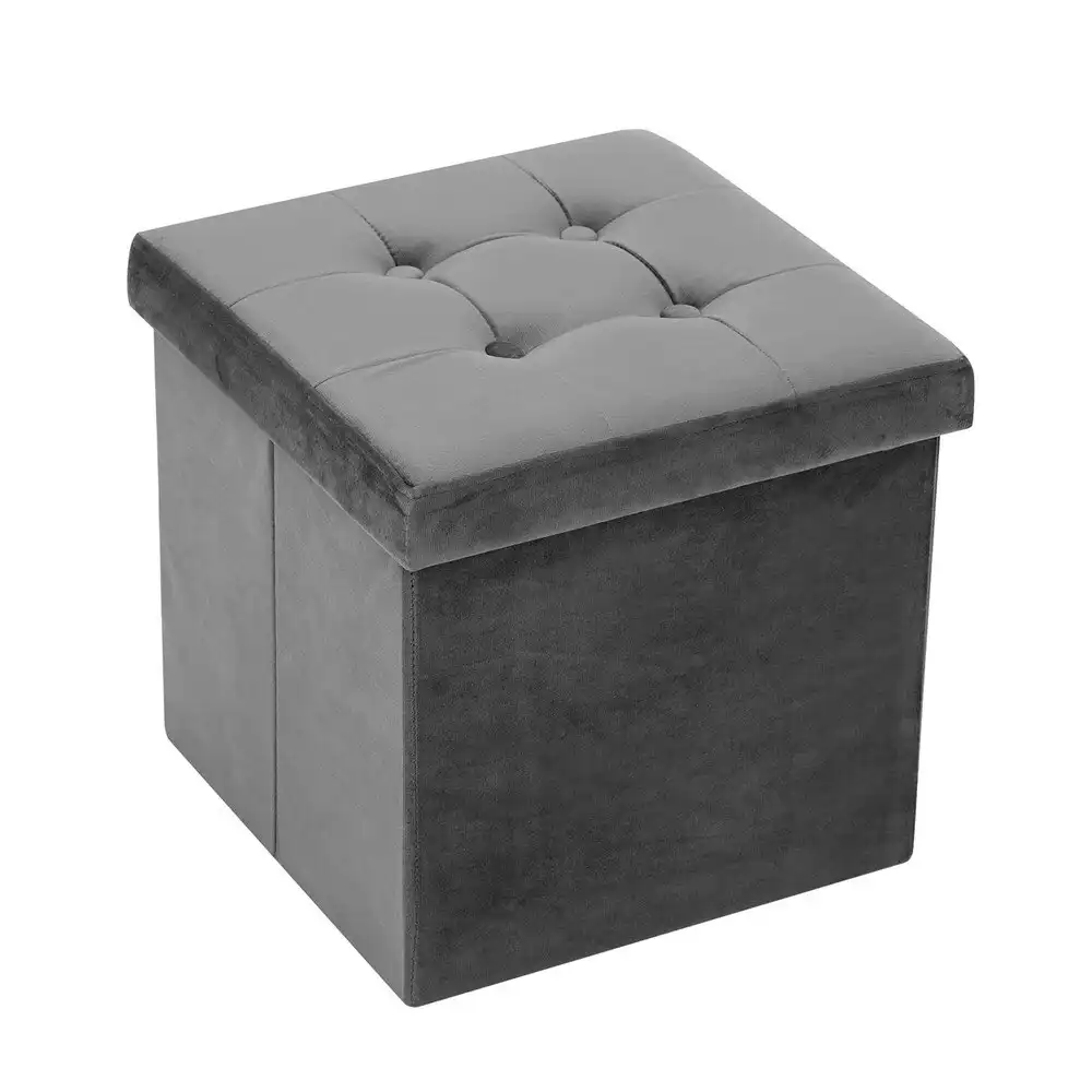Boxsweden 38x36cm Ottoman Storage Cube Faux Velvet Home Organiser/Stool Grey