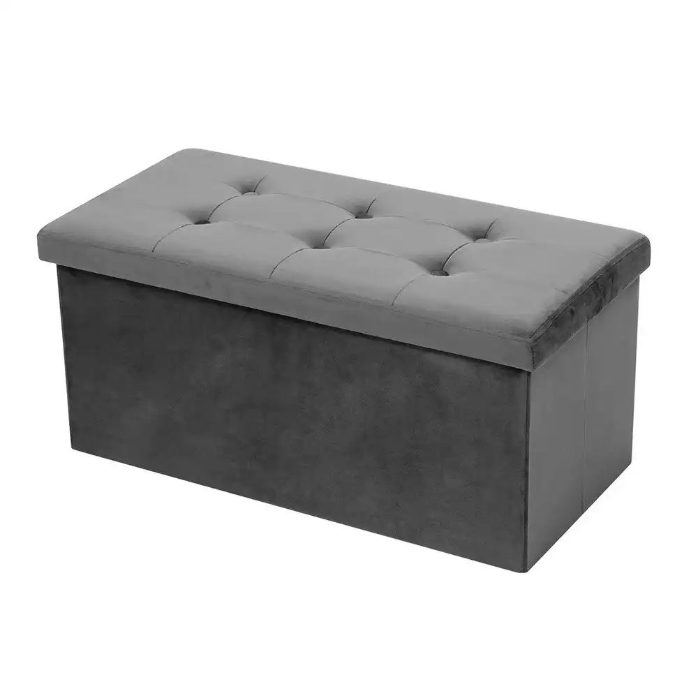 Boxsweden 76x36cm Ottoman Storage Cube Faux Velvet Home Organiser/Stool Grey