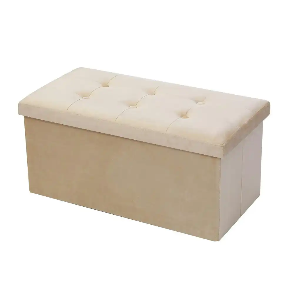 Boxsweden 76x36cm Ottoman Storage Cube Faux Velvet Home Organiser/Stool Cream