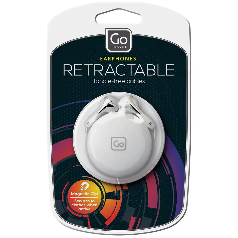 Go Travel Retractable In-Ear Earphones w/Magnetic Clip/3.5mm Jack for Phones WHT