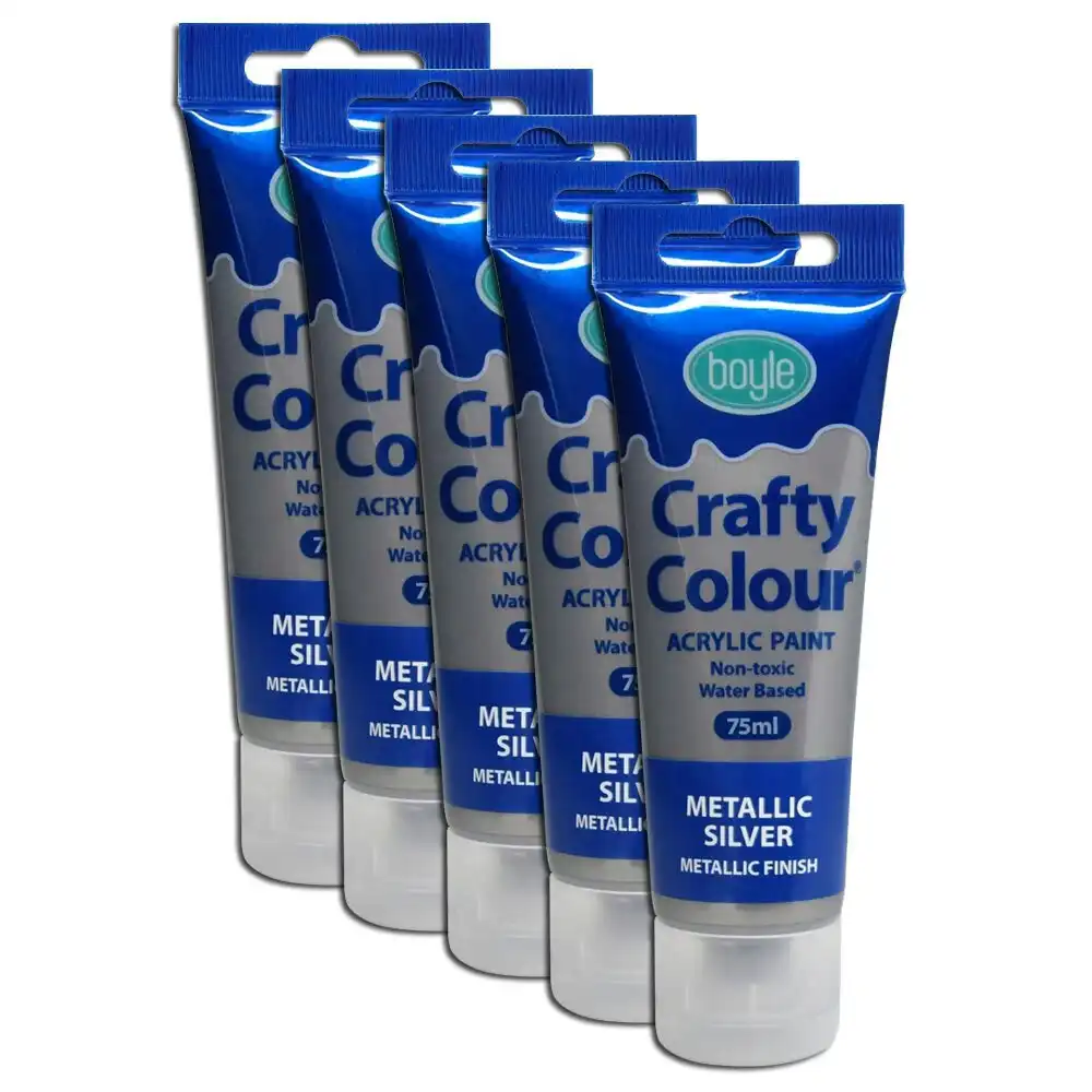 5x Crafty Colour Art/Craft 75ml Acrylic Paint Tube Water-Based Metallic Silver