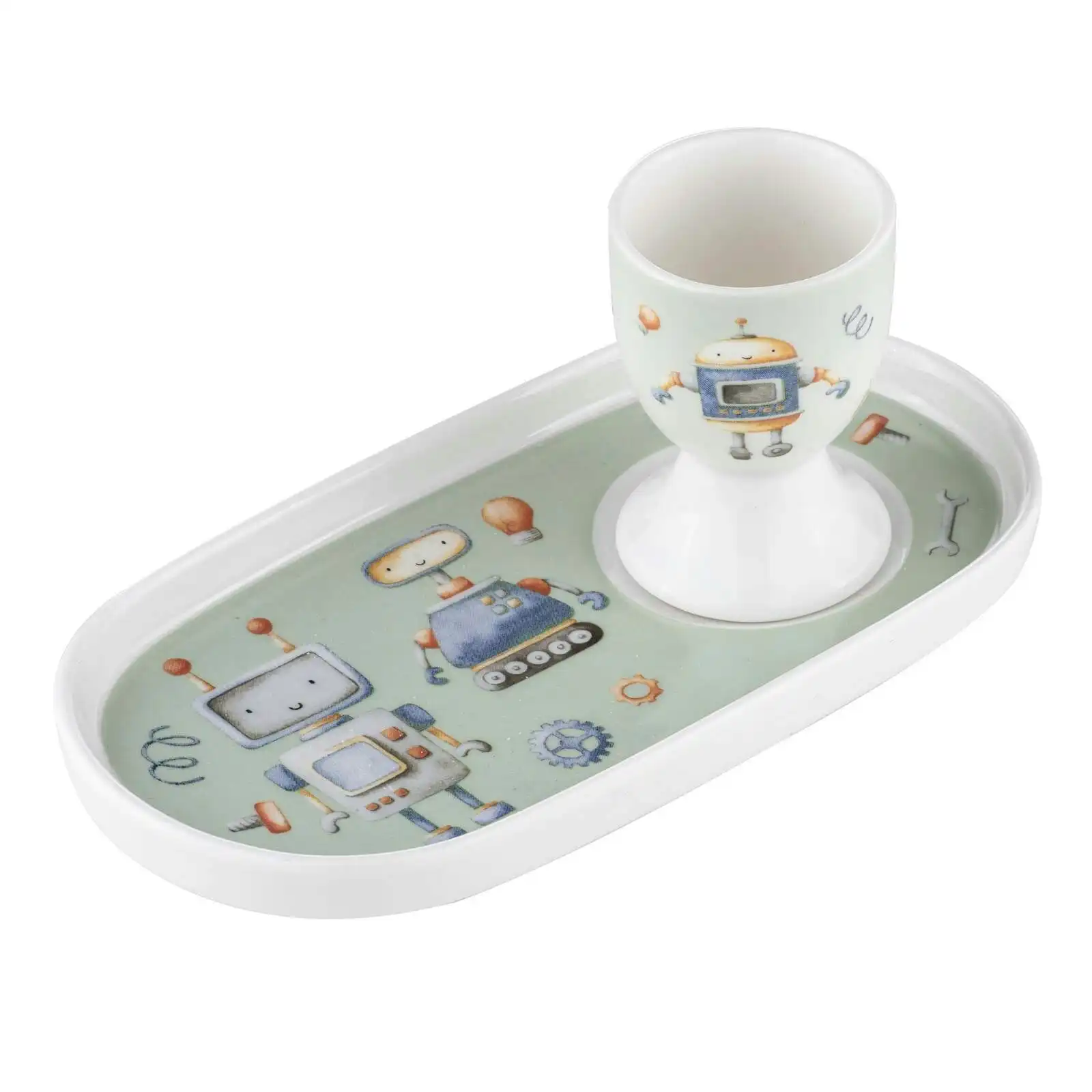 Ashdene Robots Soldier Kids New Bone China Egg Cup & Snack/Dinner Plate Set