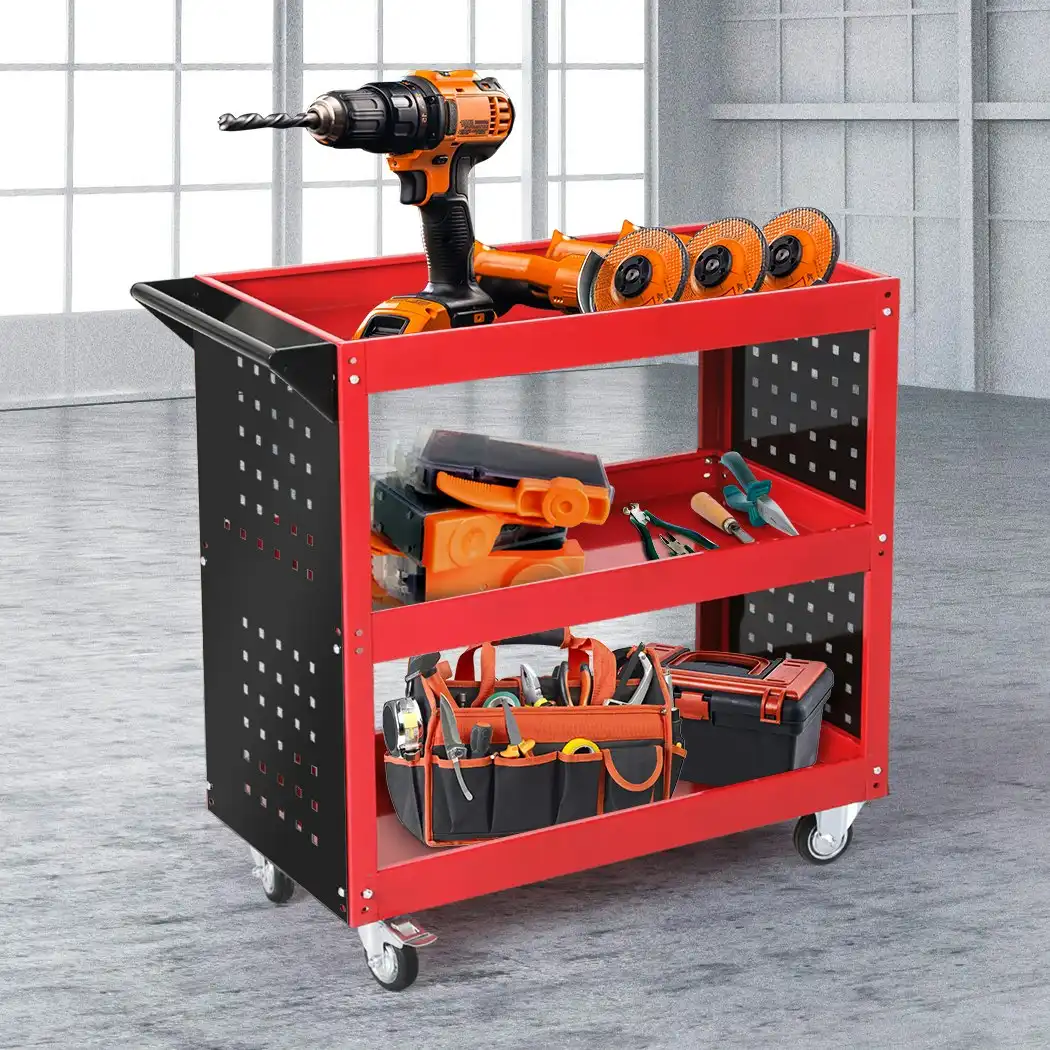 Traderight Tool Trolley Cart 3 Tier Toolbox Workshop Garage Organizer 150kg Red