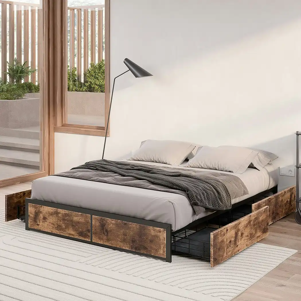 Levede Metal Bed Frame Mattress Base Platform Wooden 4 Drawers Queen Rustic