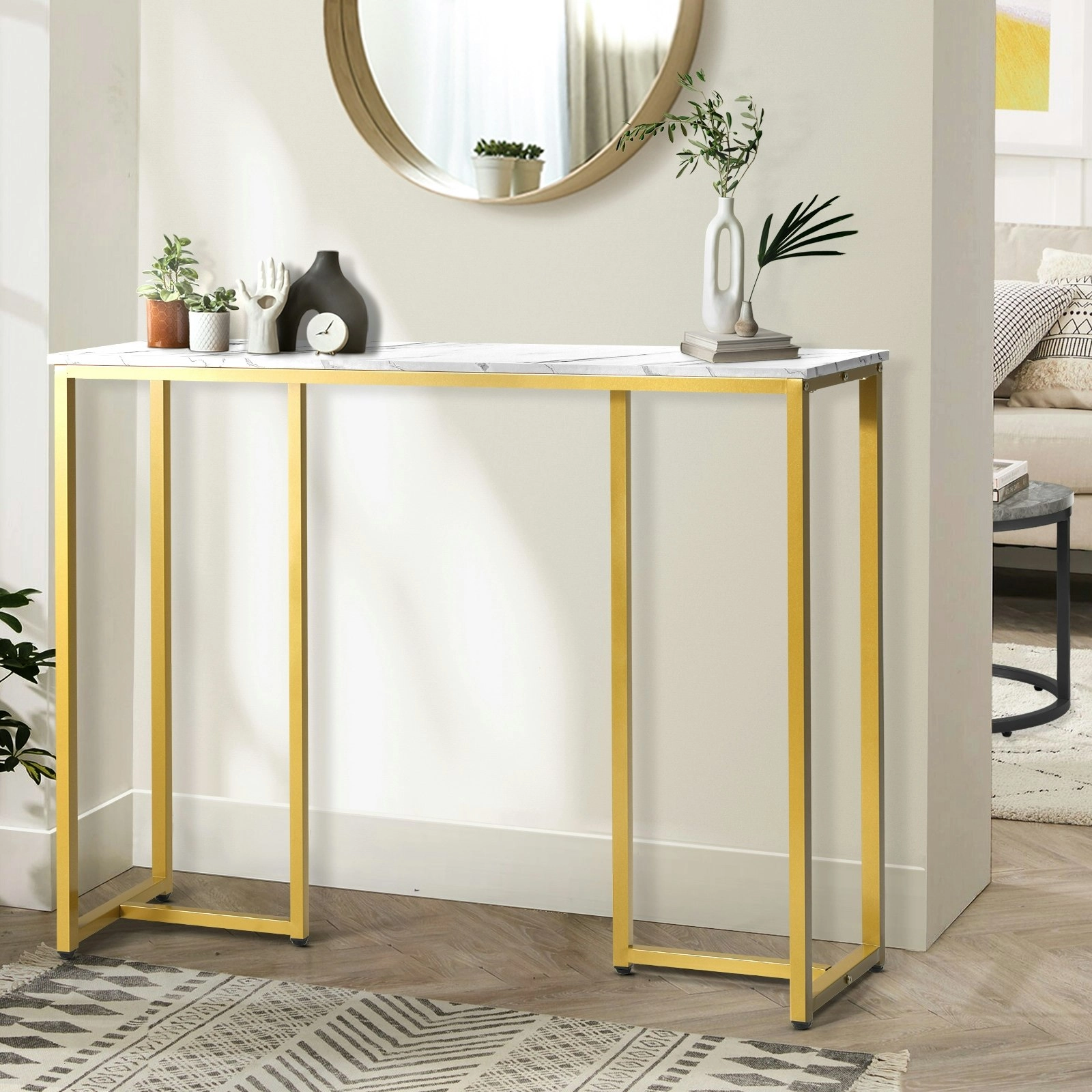 Oikiture Console Table Hallway Entry Side Tables Marble Effect Hall Display White&Gold