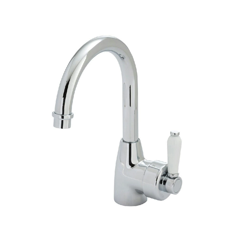 Fienza Eleanor Gooseneck Basin Mixer Chrome with White Ceramic Handle 202104