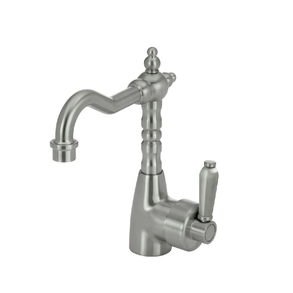 Fienza Eleanor Shepherds Crook Basin Mixer Brushed Nickel with Brushed Nickel Handle 202103NN