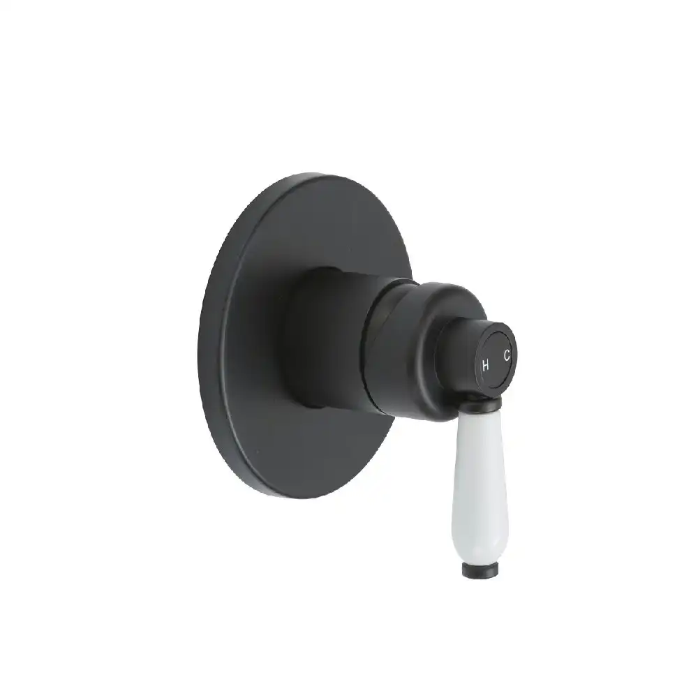 Fienza Eleanor Wall Shower Mixer Matte Black with White Ceramic handle 202101BK