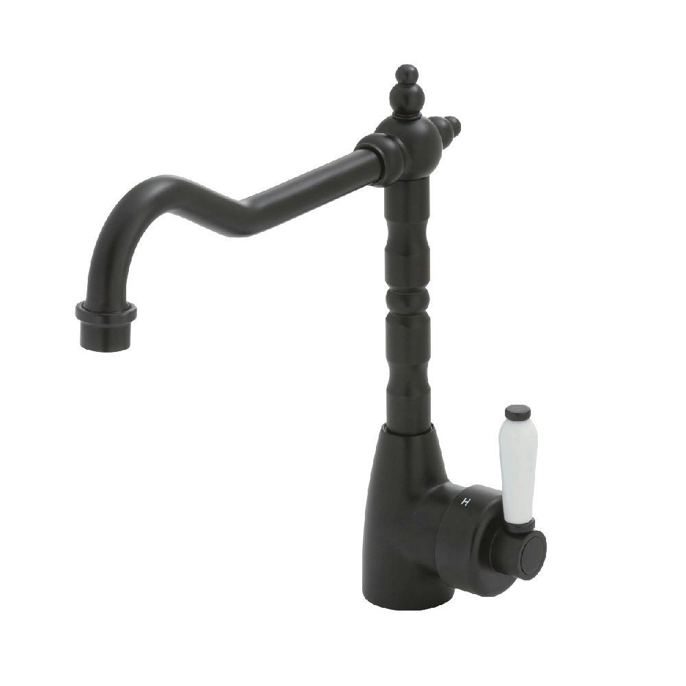 Fienza Eleanor Shepherds Crook SInk Mixer Matte Black with White Ceramic Handle 202105BK