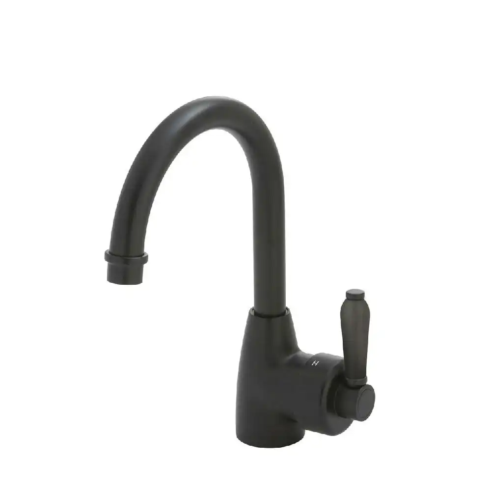 Fienza Eleanor Gooseneck Basin Mixer Matte Black with Matte Black Handle 202104BL