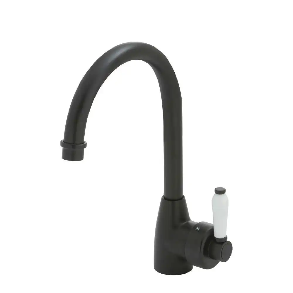 Fienza Eleanor Gooseneck Sink Mixer Matte Black with White Ceramic Handle 202109BK