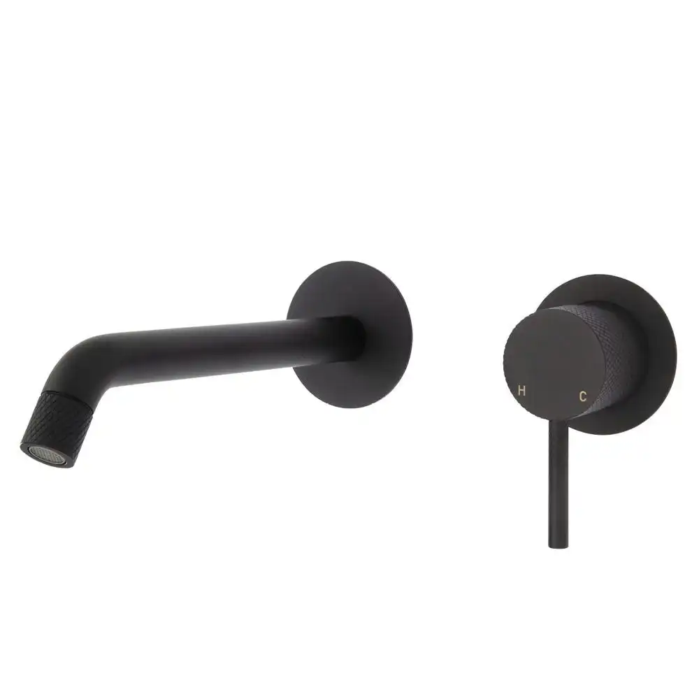 Fienza Axle Basin/ Bath 200mm Wall Mixer Set Round Plate Matte Black 231104B-200