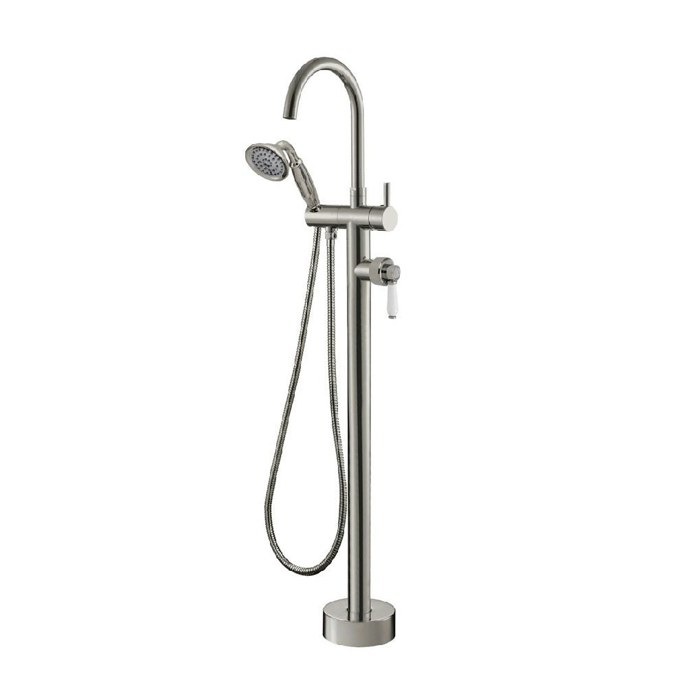 Fienza Eleanor Floor Bath Mixer & Shower with White Ceramic Handle Brushed Nickel 202113BN