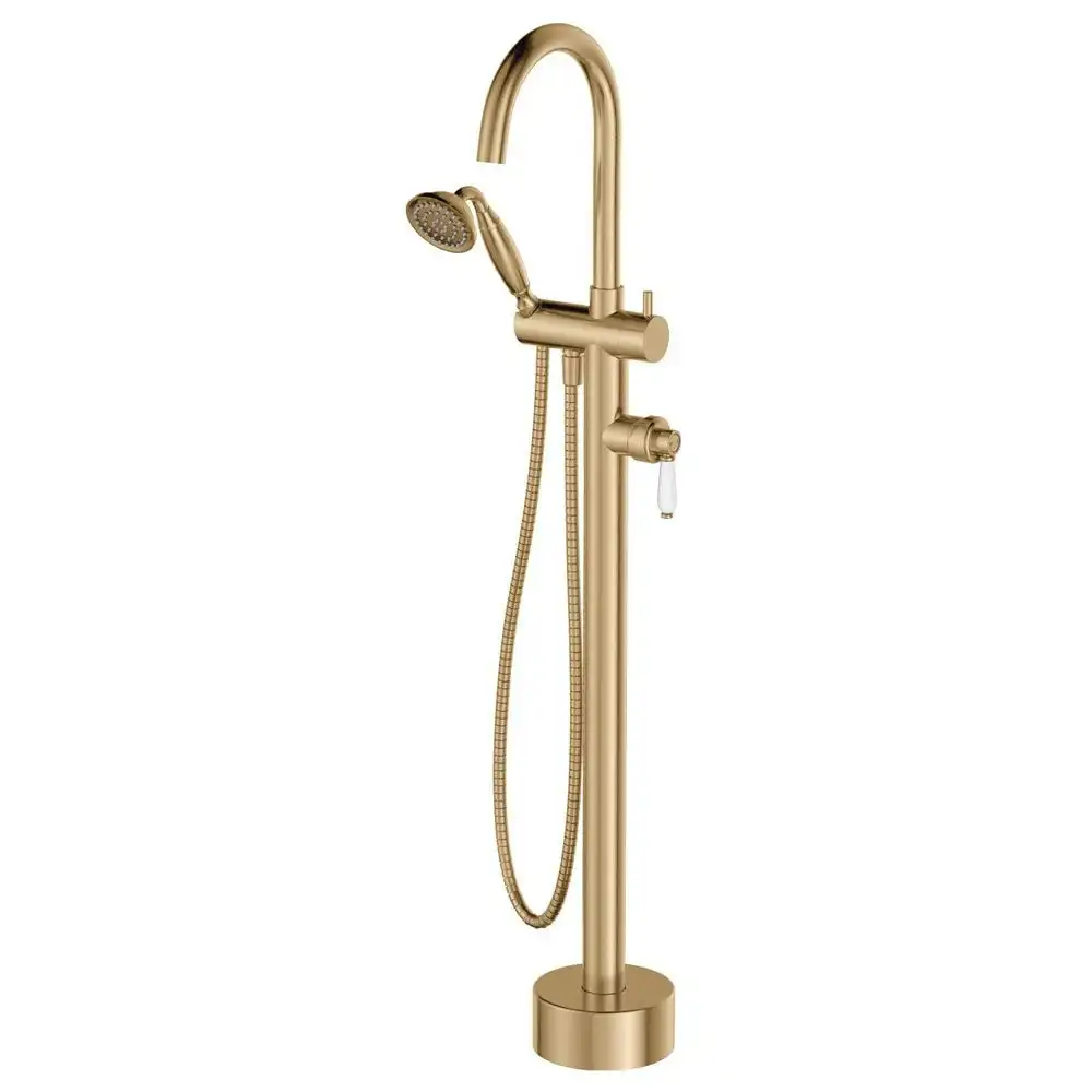 Fienza Eleanor Floor Mounted Bath Mixer with Handle Shower Urban Brass with White Ceramic Handle 202113UB