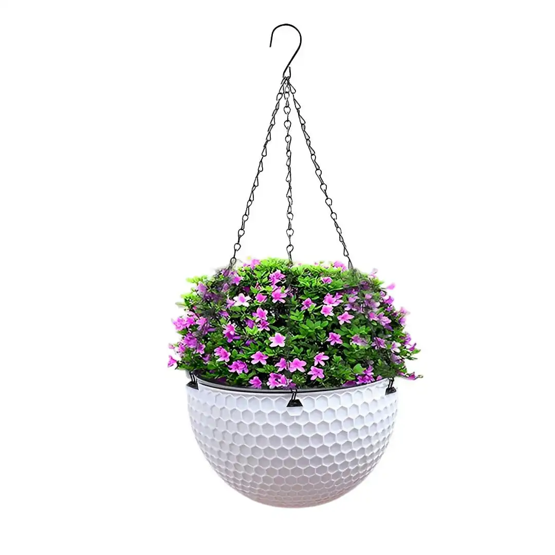 Soga White Small Hanging Resin Flower Pot Self Watering Basket Planter Outdoor Garden Decor