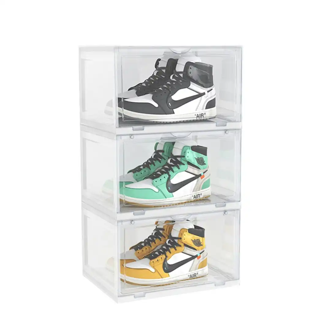 Soga 3 Tier Transparent Portable Shoe Organiser Sneaker Footwear Folding Plastic Bin Stackable Storage Box with Magnetic Door