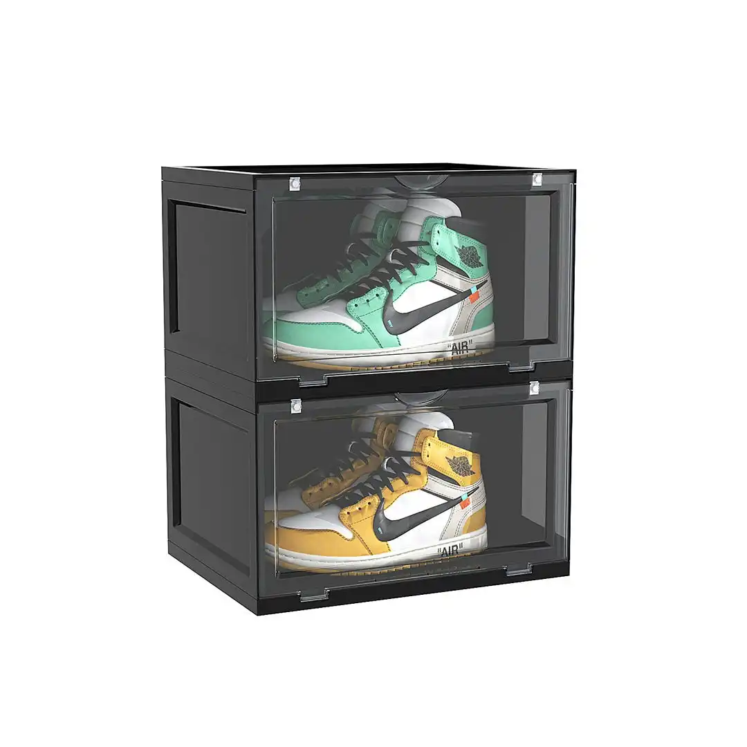 Soga 2 Tier Black Portable Shoe Organiser Sneaker Footwear Folding Plastic Bin Stackable Storage Box with Magnetic Door