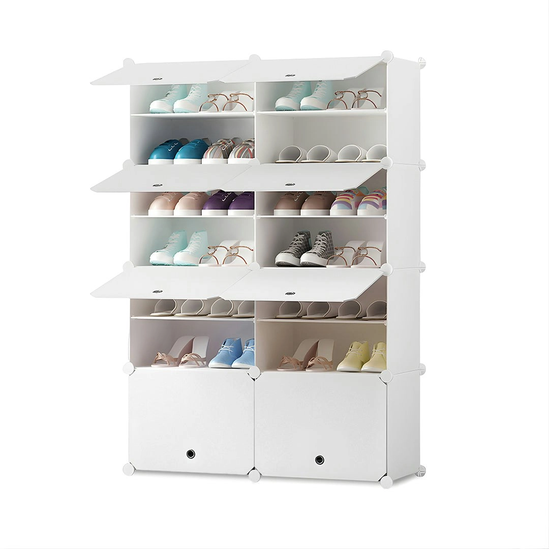 Soga 7 Tier 2 Column White Shoe Rack Organizer Sneaker Footwear Storage Stackable Stand Cabinet Portable Wardrobe with Cover