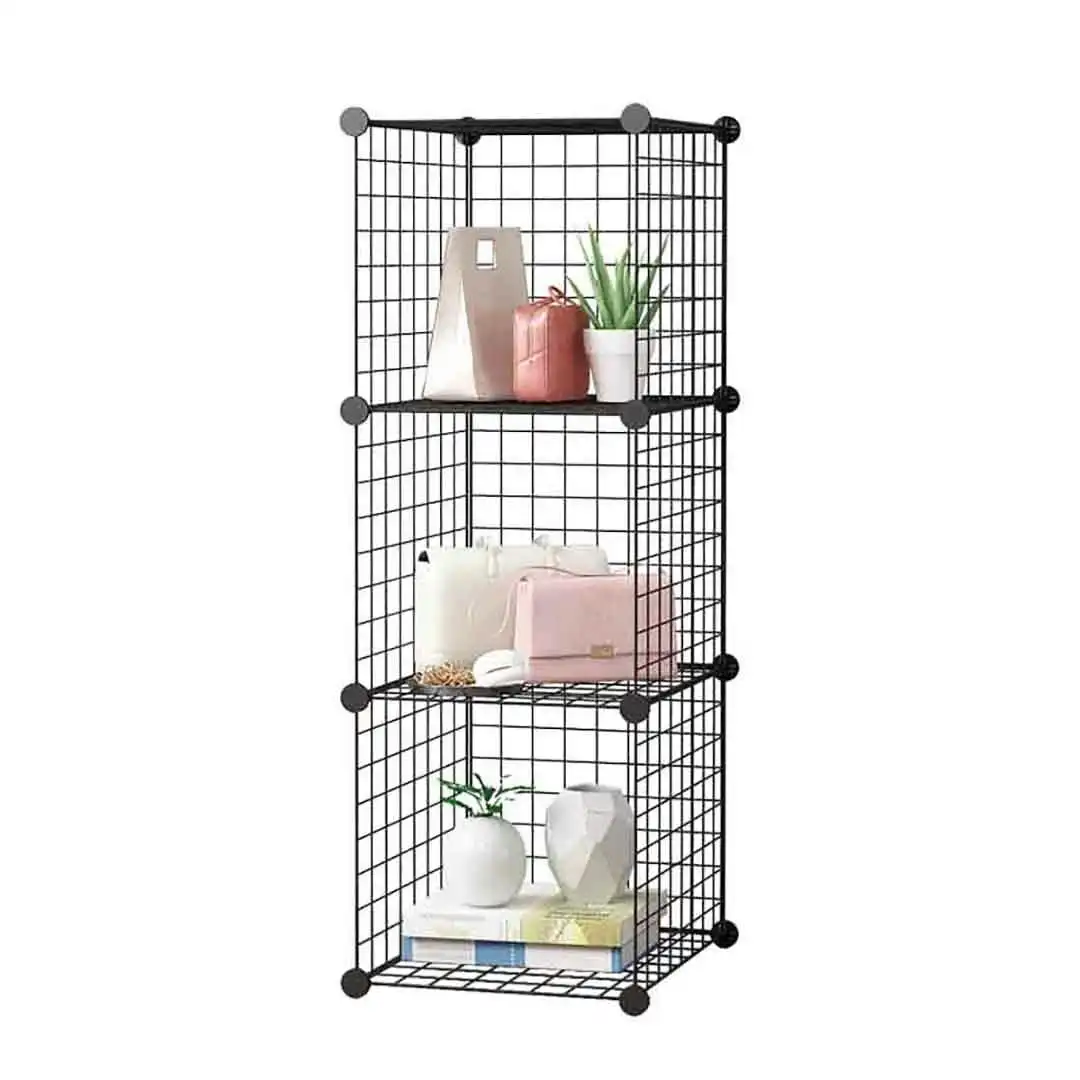 Soga Black Portable 3 Tier Cube Storage Organiser Foldable DIY Modular Grid Space Saving Shelf