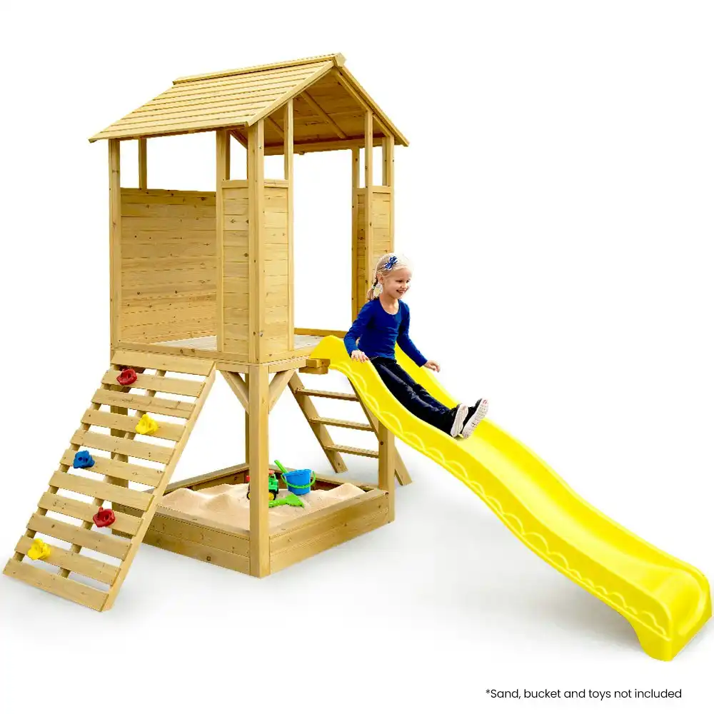 Wooden playhouse with sale slide and sandpit