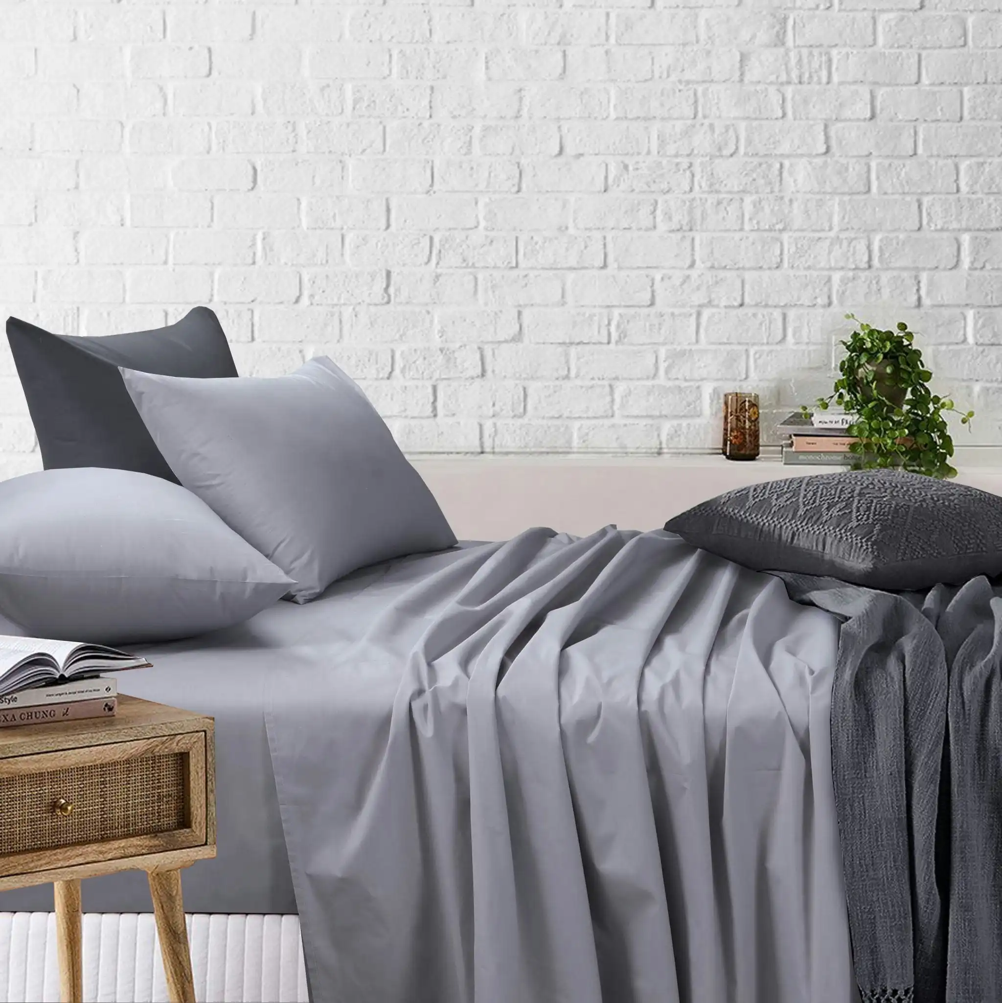Amsons Light Grey Bedsheets Set- Flat & Fitted Sheets With Pillowcases