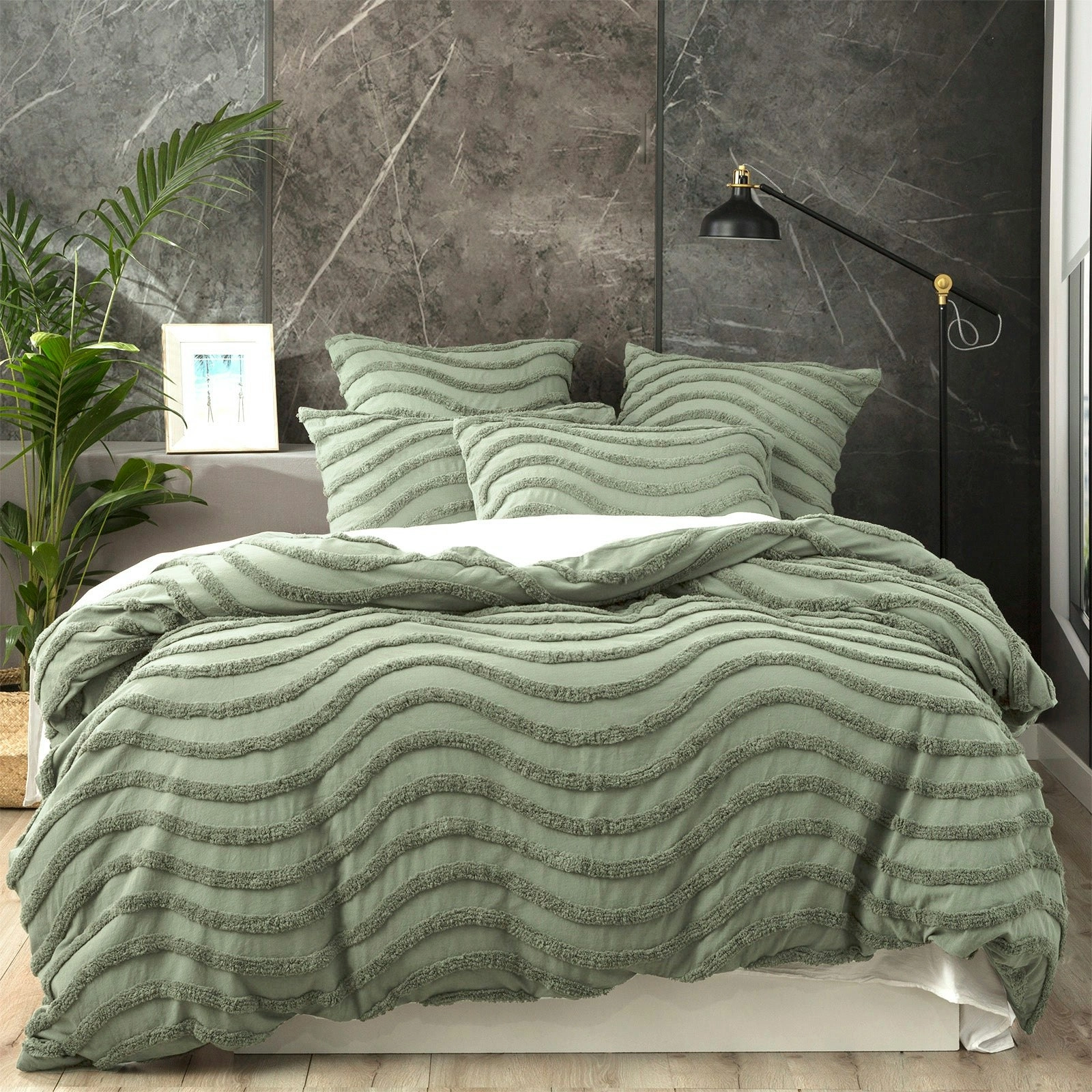 Cloud Linen Wave 100% Cotton Chenille Vintage washed tufted Quilt cover Set - Sage