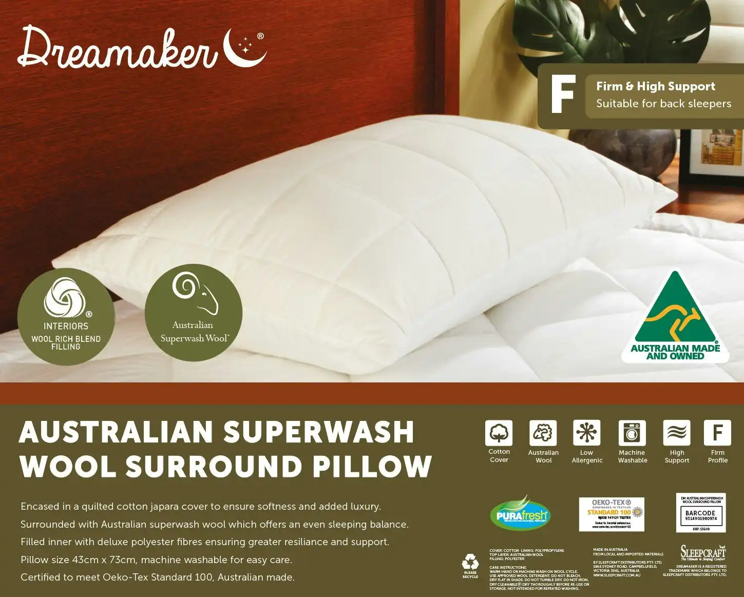 Dreamaker Australian Superwash Wool Surround Pillow