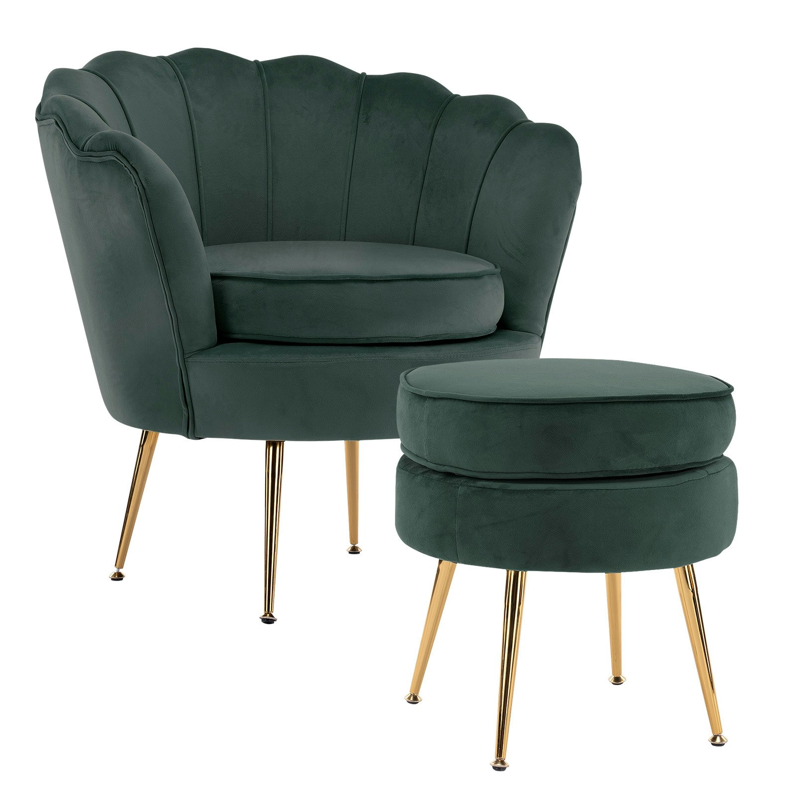 Armchair Velvet Shell Scallop + Ottoman Foot Stool - GREEN