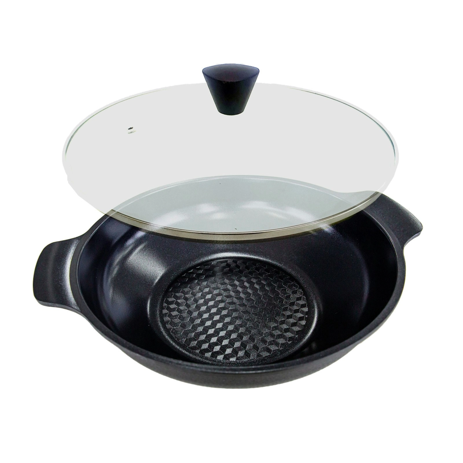 Koman 28cm Two Hands Wok + Glass Lid - BLACK