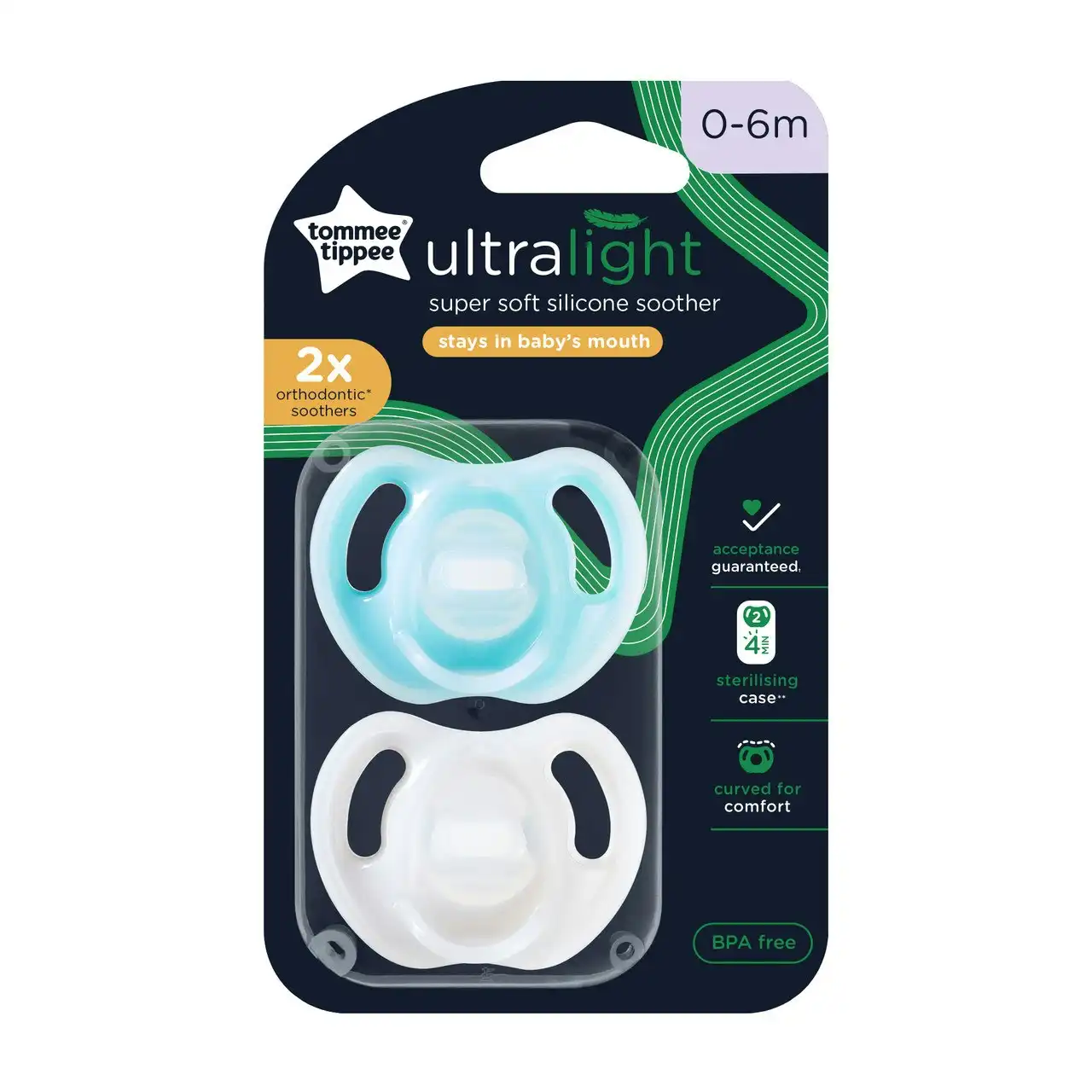 Tommee Tippee Ultra-light Soothers, 0-6 months, 2 pack of one piece silicone, BPA free soothers