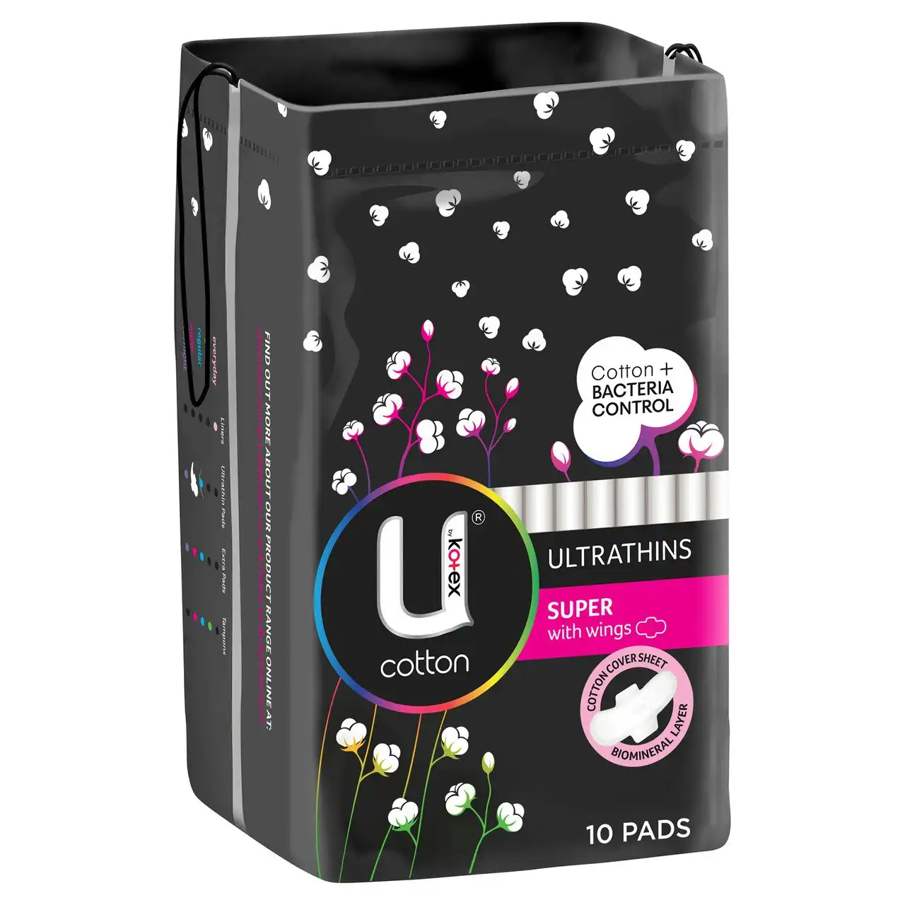 U by Kotex Cotton Ultrathin Pads Super with Wings 10 Pack