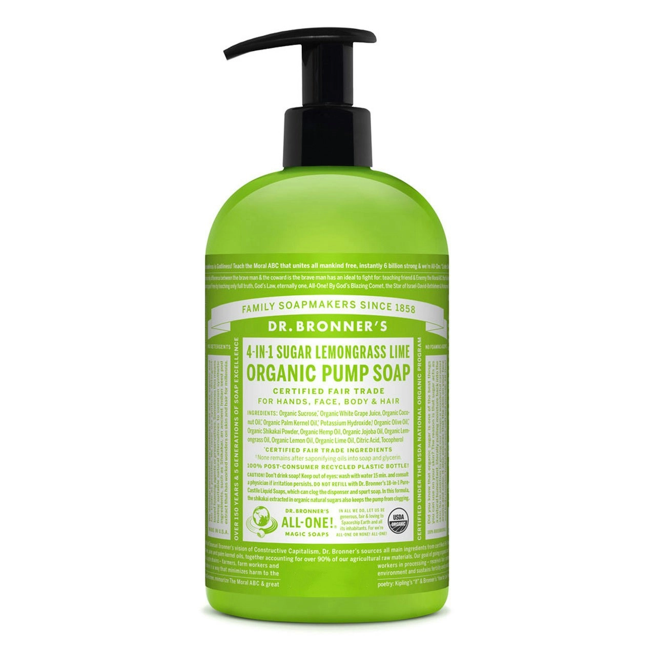 Dr. Bronner's 4-In-1 Sugar Lemongrass Lime Organic Pump Soap 355ml