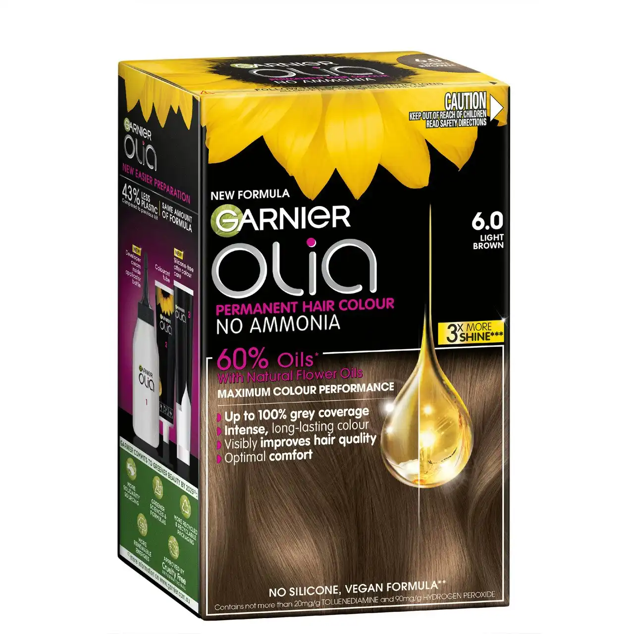 Garnier Olia 6.0 Light Brown Permanent Hair Colour No Ammonia, 60% Oils