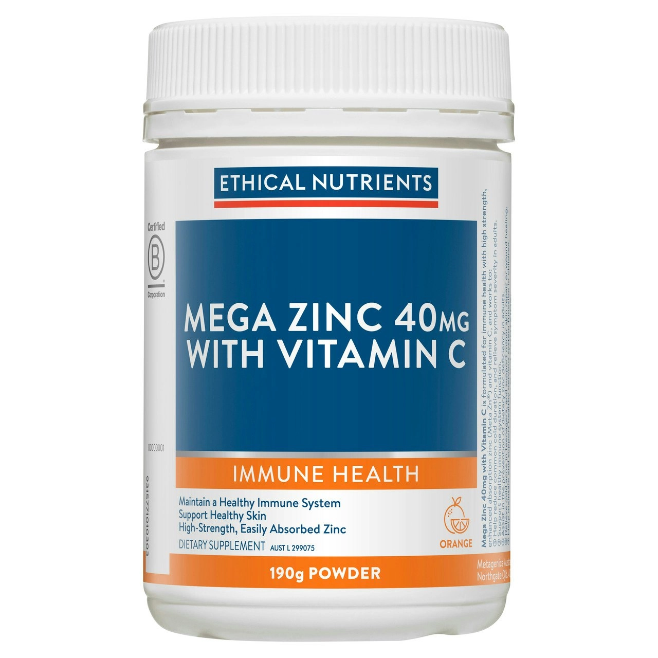 Ethical Nutrients Mega Zinc 40mg with Vitamin C Orange 190g Powder