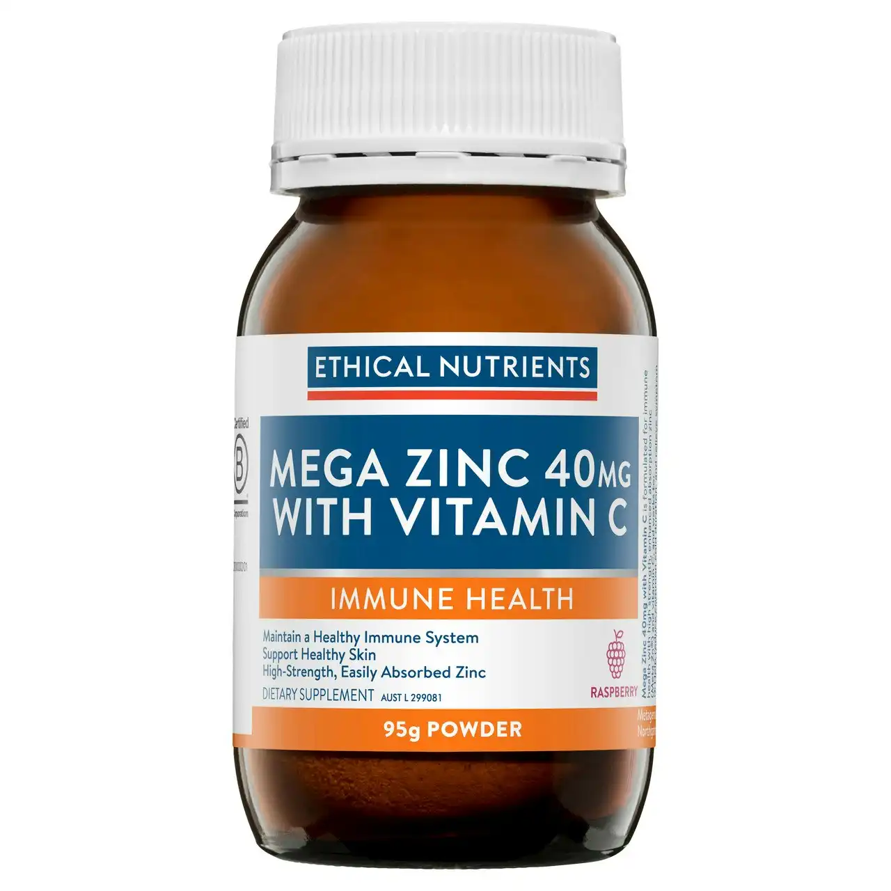 Ethical Nutrients Mega Zinc 40mg with Vitamin C Raspberry 95g Powder