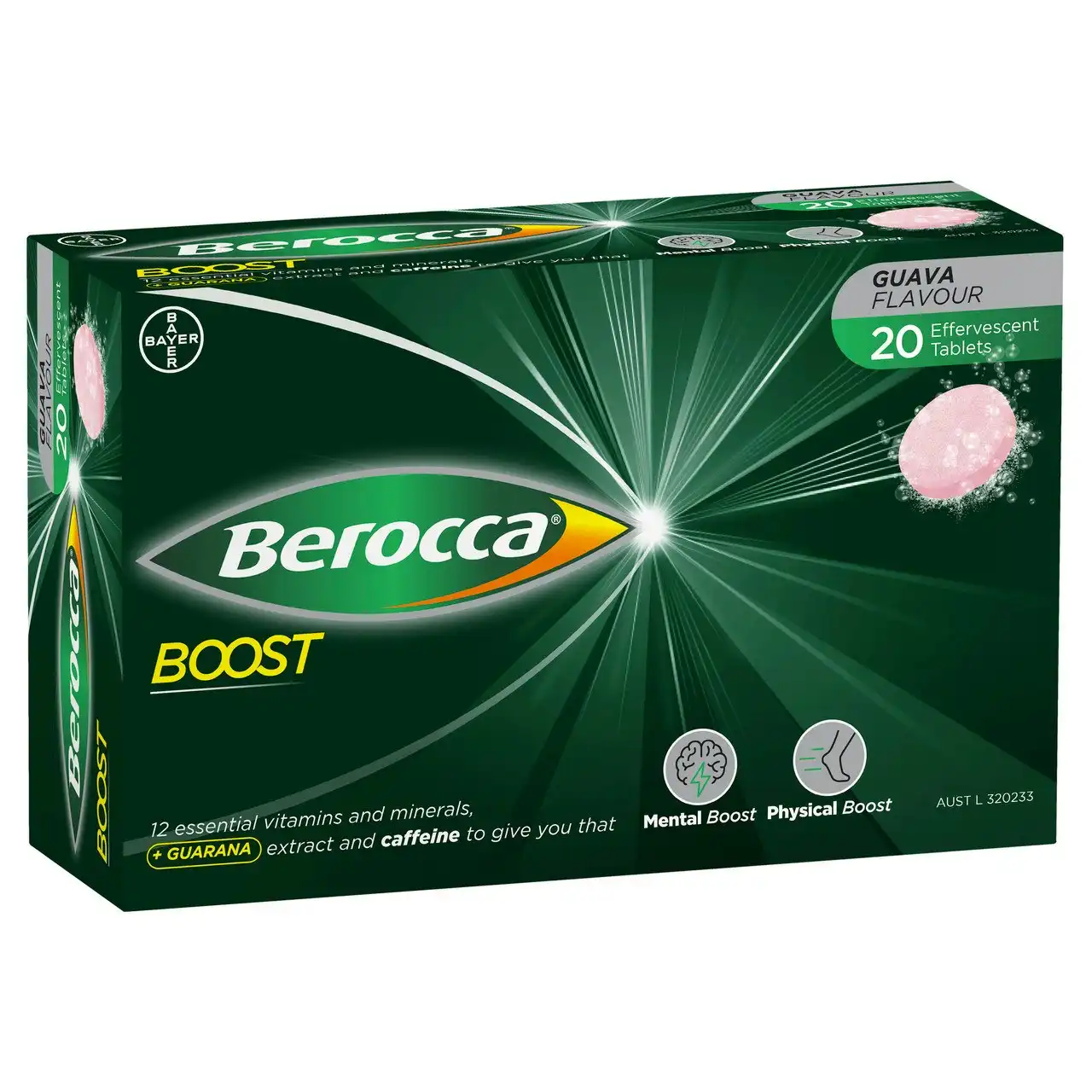 Berocca Boost Vitamin B & C Guava Flavour With Guarana Energy Effervescent Tablets 20 Pack