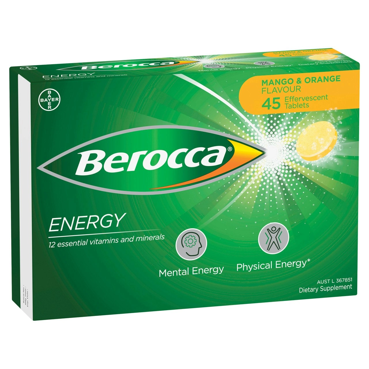 Berocca Energy Vitamin B & C Mango & Orange Flavour Effervescent Tablets 45 Pack