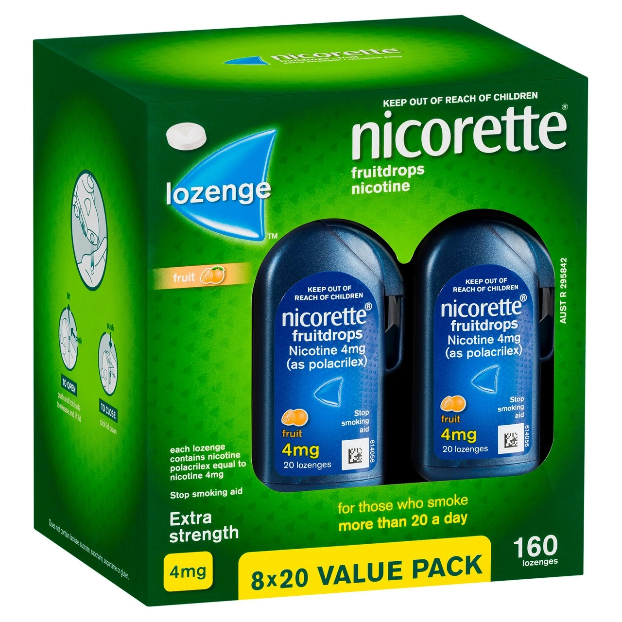 Nicorette Quit Smoking Extra Strength Nicotine Lozenge Fruitdrops 8 x 20 Pack