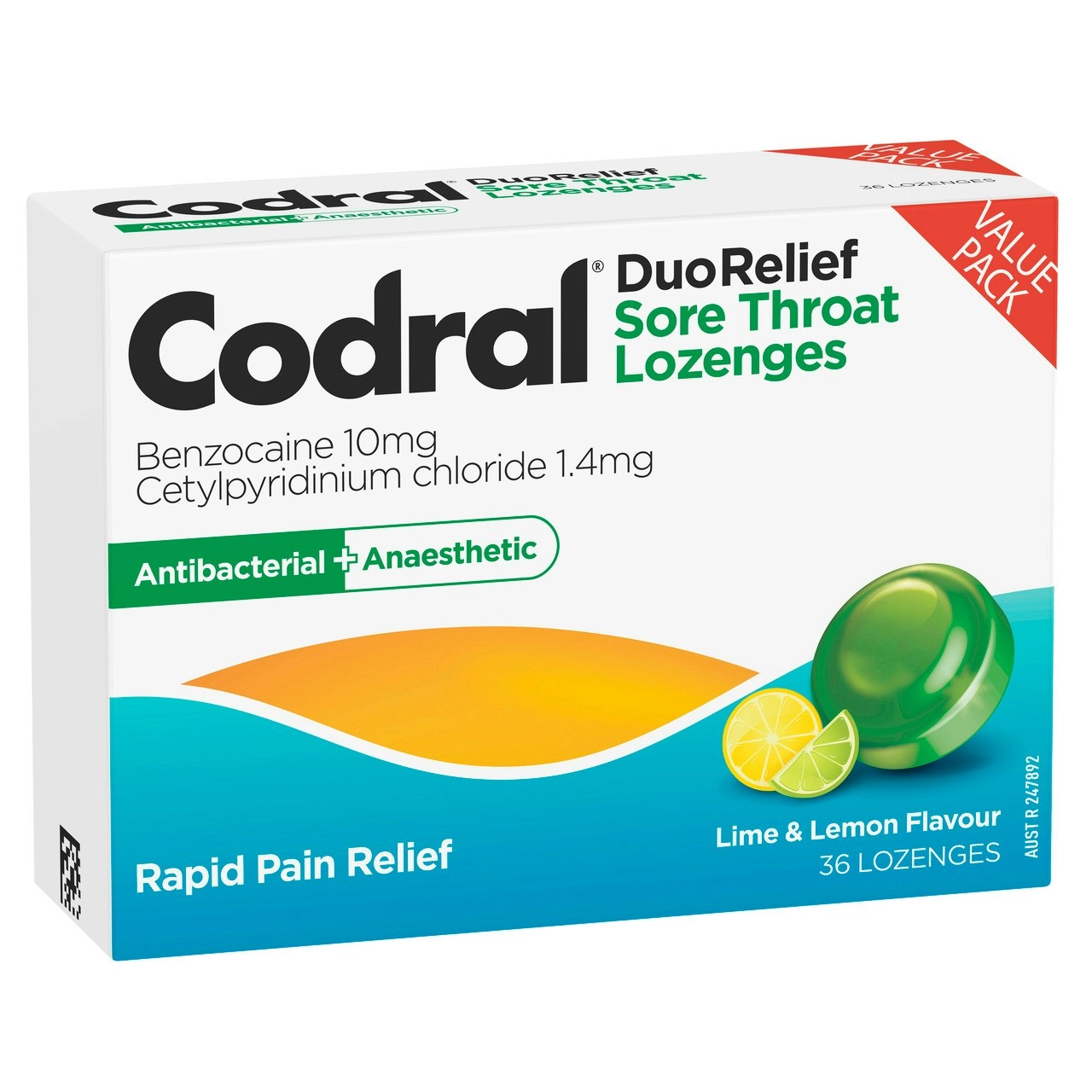 CODRAL Sore Throat Relief Lozenges Antibacterial + Anaesthetic Lime & Lemon 36 Pack