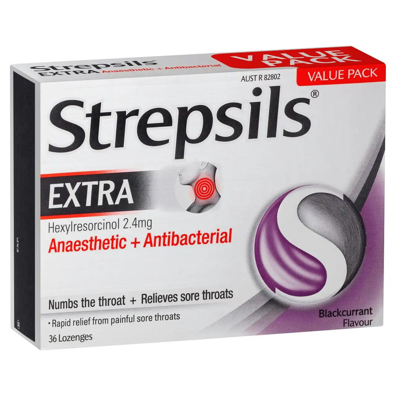 Strepsils Extra Blackcurrant Fast Numbing Sore Throat Pain Relief with Anaesthetic Lozenges 36 pack