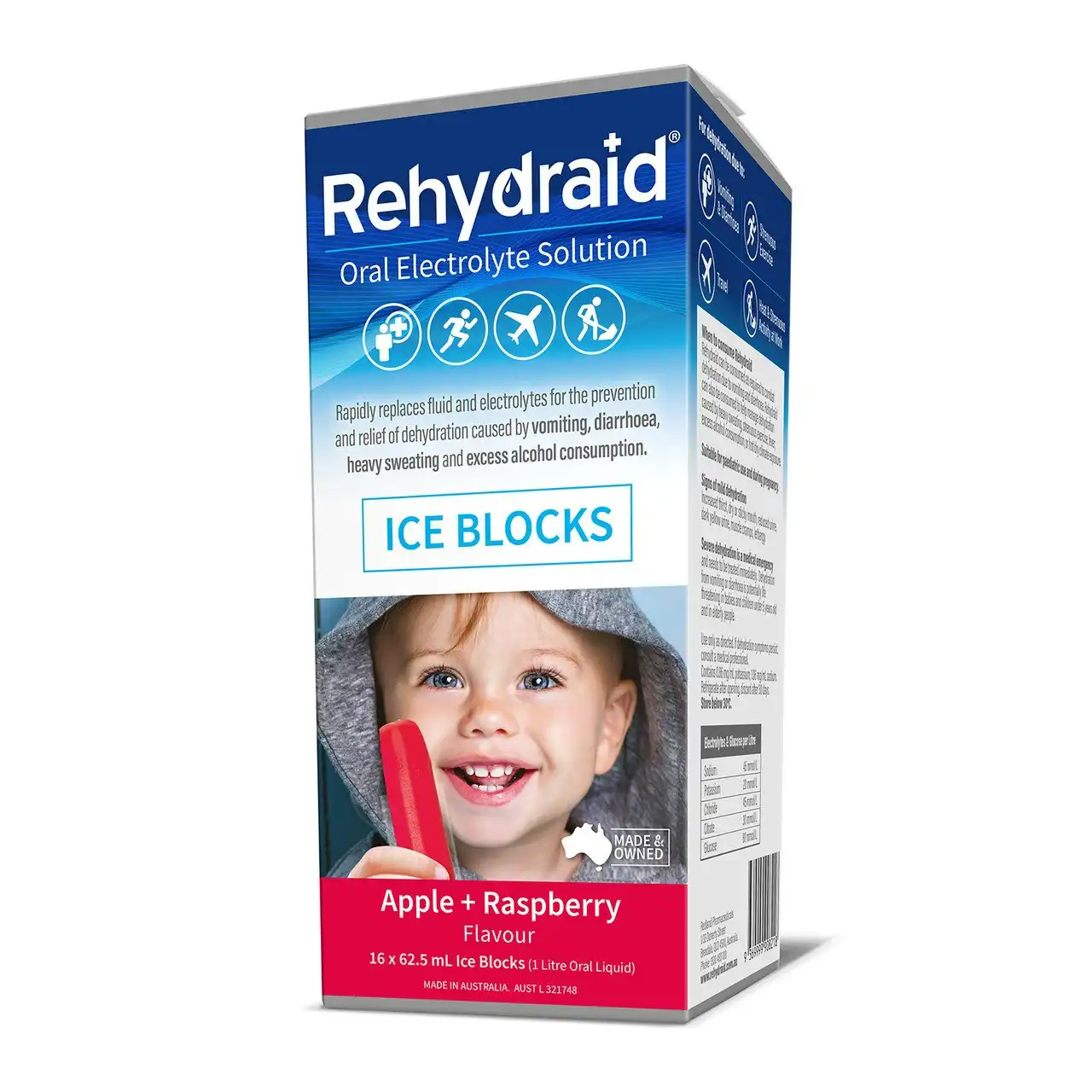 Rehydraid Electrolyte Apple & Raspberry Flavoured Ice Blocks 16 x 62.5ml
