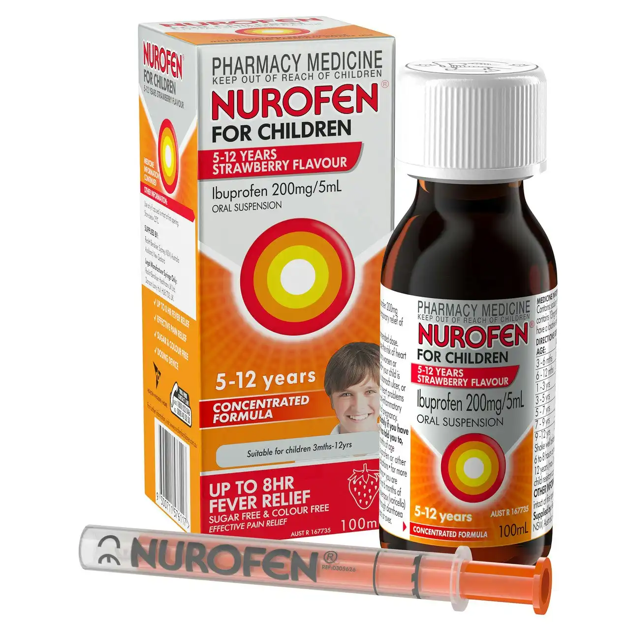 Nurofen For Children 5-12yrs Pain and Fever Relief Concentrated Liquid 200mg/5mL Ibuprofen Strawberry 100mL