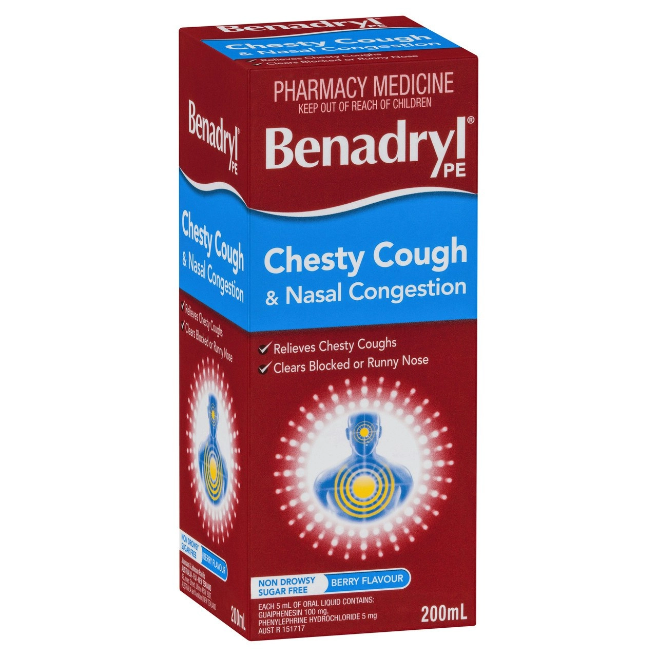 Benadryl PE Chesty Cough & Nasal Congestion Liquid Berry Flavour 200mL