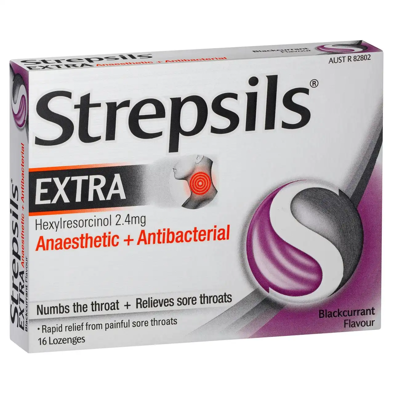 Strepsils Extra Blackcurrant Fast Numbing Sore Throat Pain Relief with Anaesthetic Lozenges 16 pack