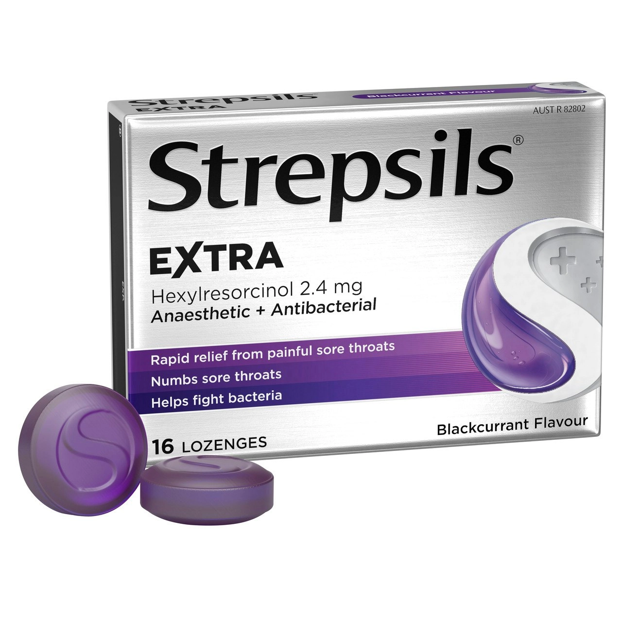 Strepsils Extra Blackcurrant Fast Numbing Sore Throat Pain Relief with Anaesthetic Lozenges 16 pack