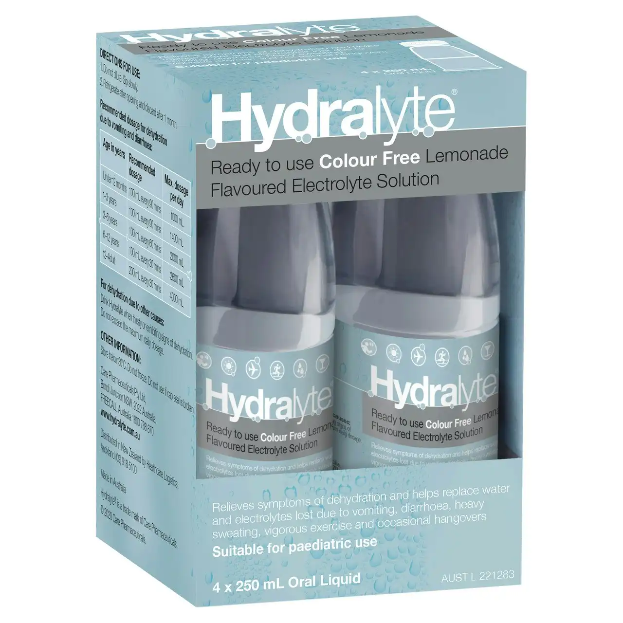 Hydralyte Ready to use Electrolyte Solution Colour Free Lemonade Flavoured 4 x 250mL