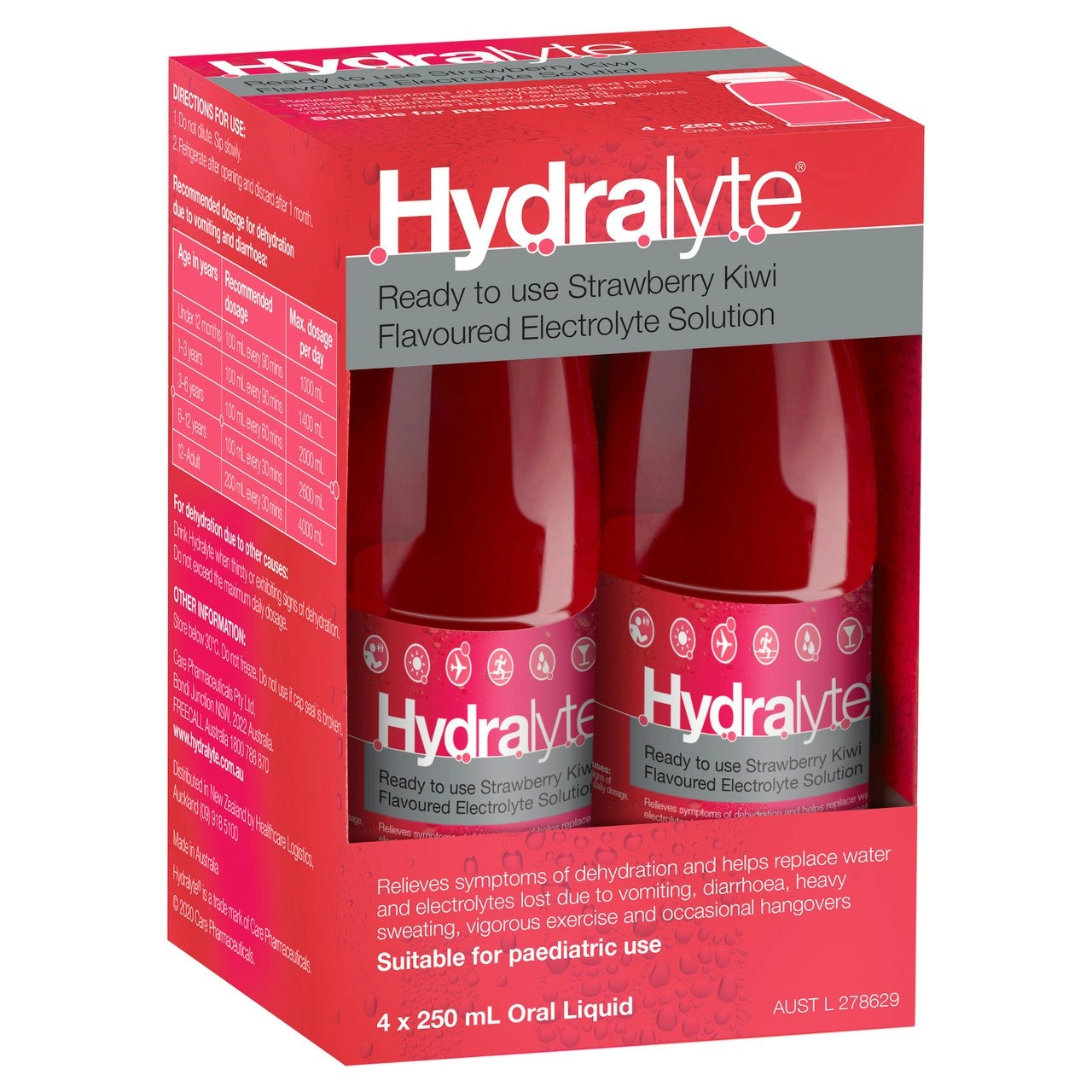 Hydralyte Ready to use Electrolyte Solution Strawberry Kiwi Flavoured 4 x 250mL