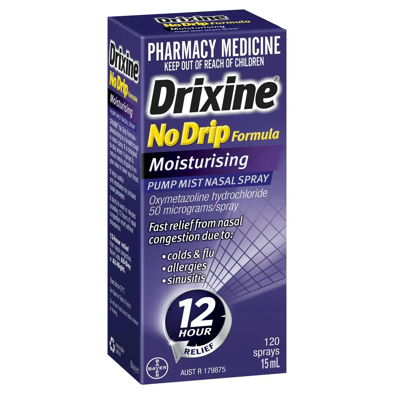 Drixine 12 Hour Relief No Drip Formula Moisturising Pump Mist Nasal Spray 15mL