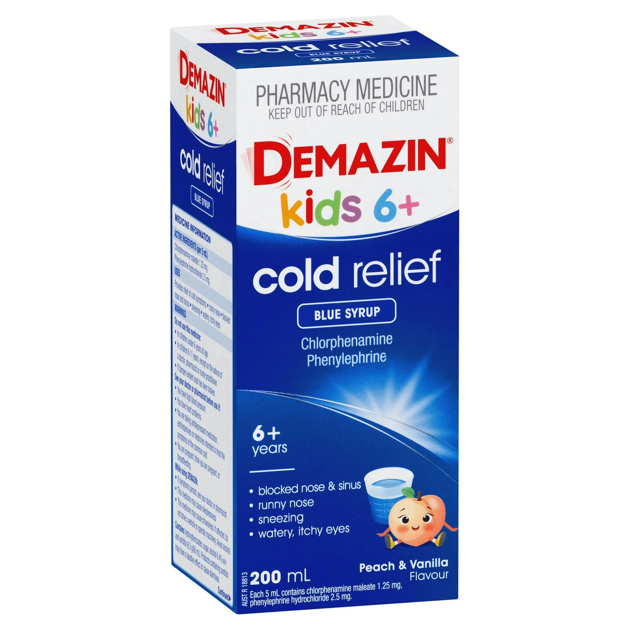 Demazin Kids 6+ Cold Relief Blue Syrup Peach & Vanilla Flavour 200mL